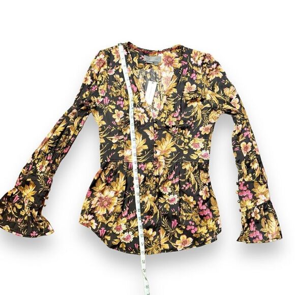 Anthropologie Deep-V Tunic Floral Black Motif Blouse Top Button Corset Peplum S - Picture 12 of 12